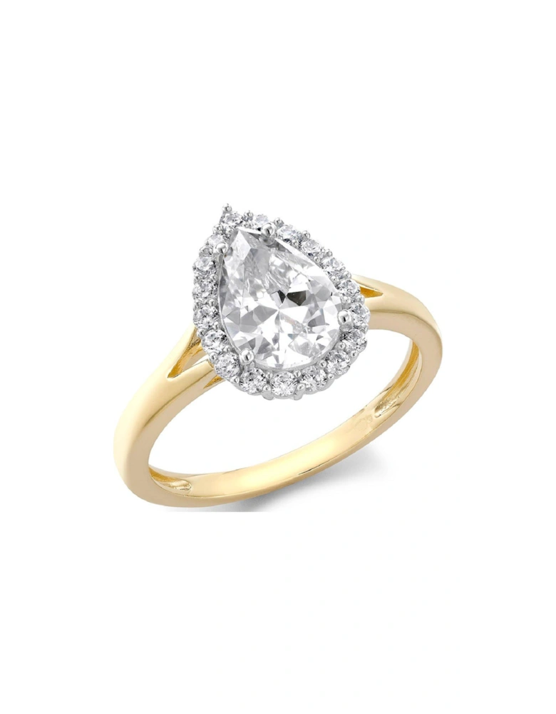 9ct Yellow Gold Pear CZ Split-Shoulder Halo Ring