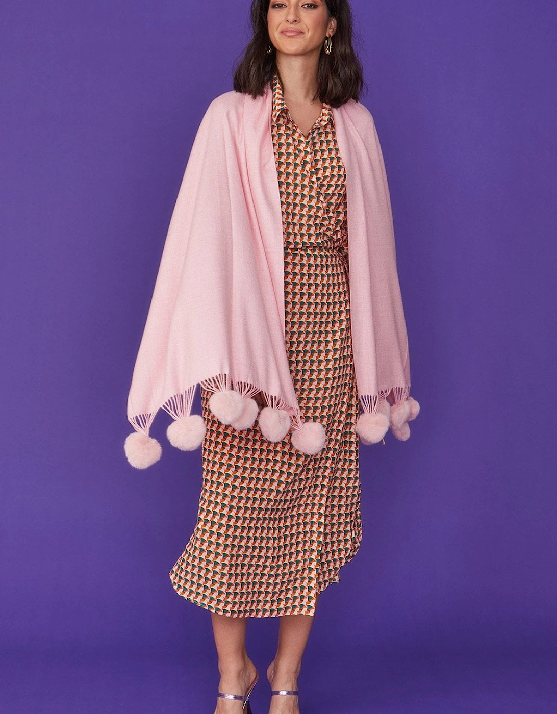 Cashmere blend wrap with love heart poms in Pink