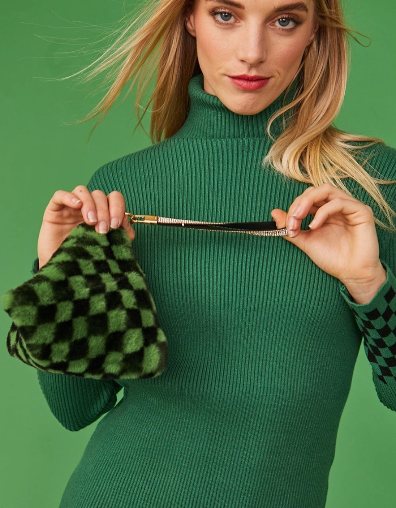 Checkered Green and Black Faux Fur Pyramid Bag