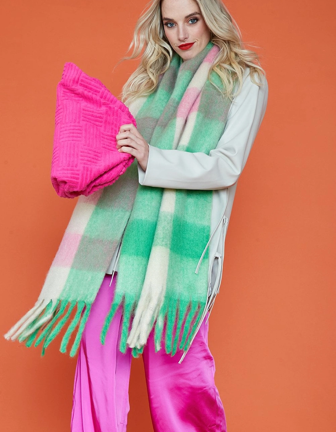 Green and pink Multi Check Cashmere Blend Scarf
