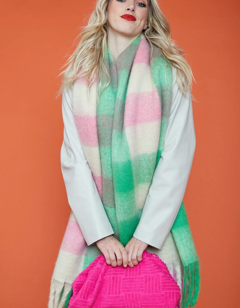 Green and pink Multi Check Cashmere Blend Scarf