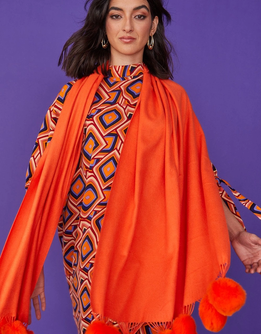 Cashmere blend wrap with love heart poms in Orange, 6 of 5
