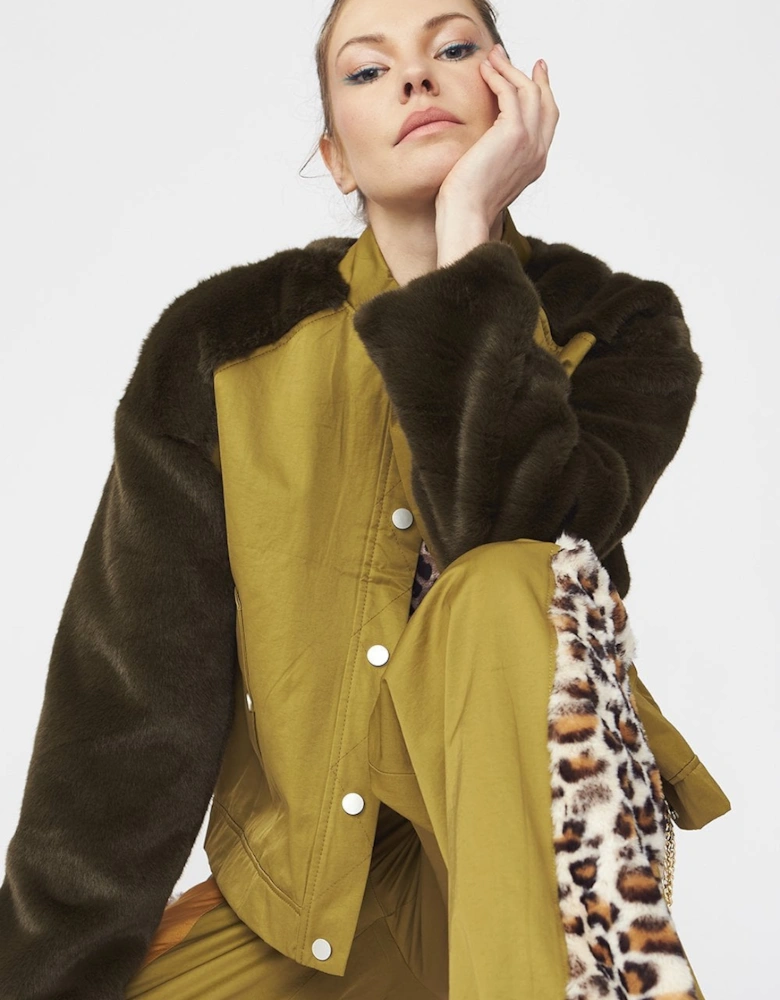 Contrasting Green Faux Fur Bomber Jacket
