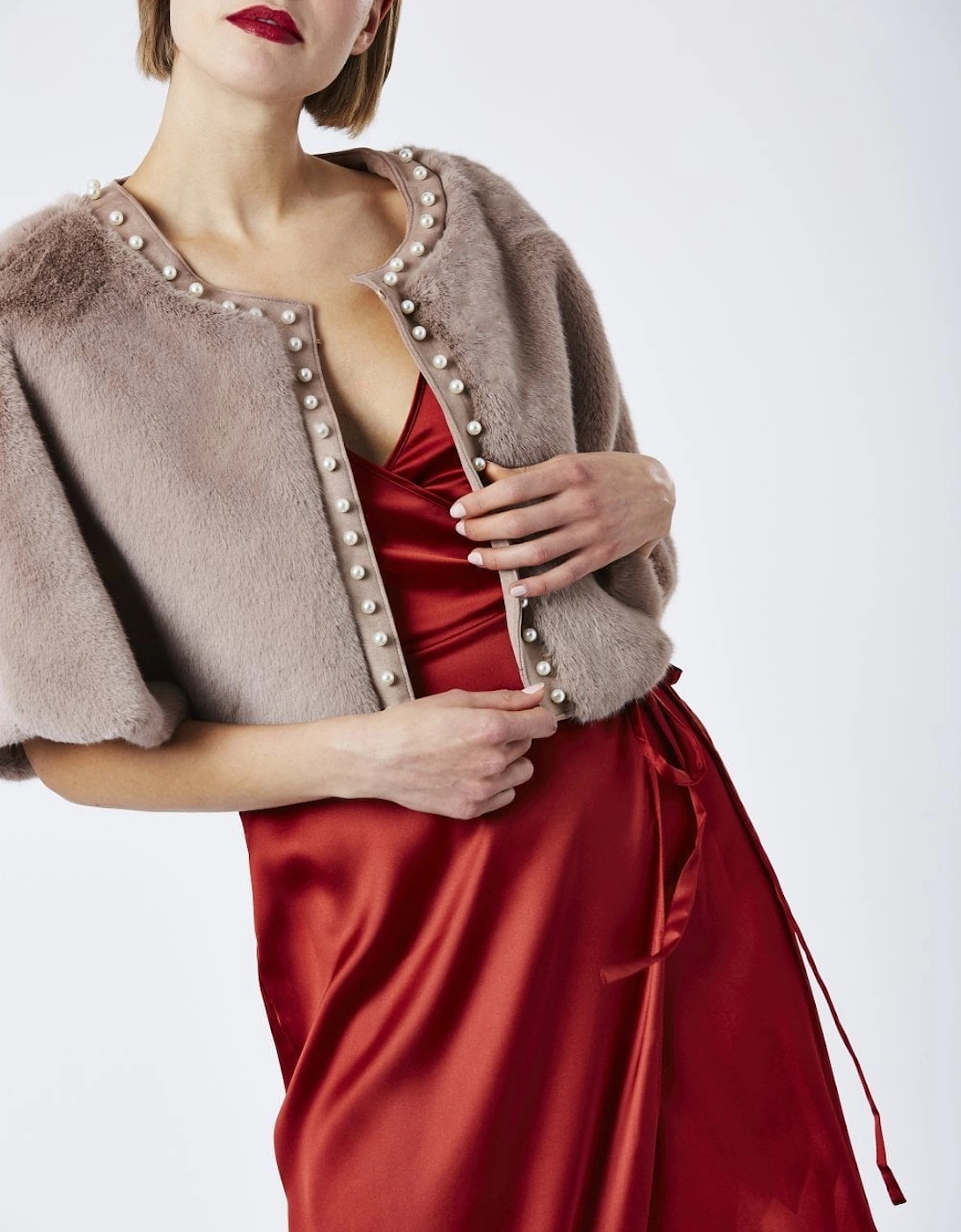 Mocha Faux Fur Cape With Pearl Detail, 4 of 3