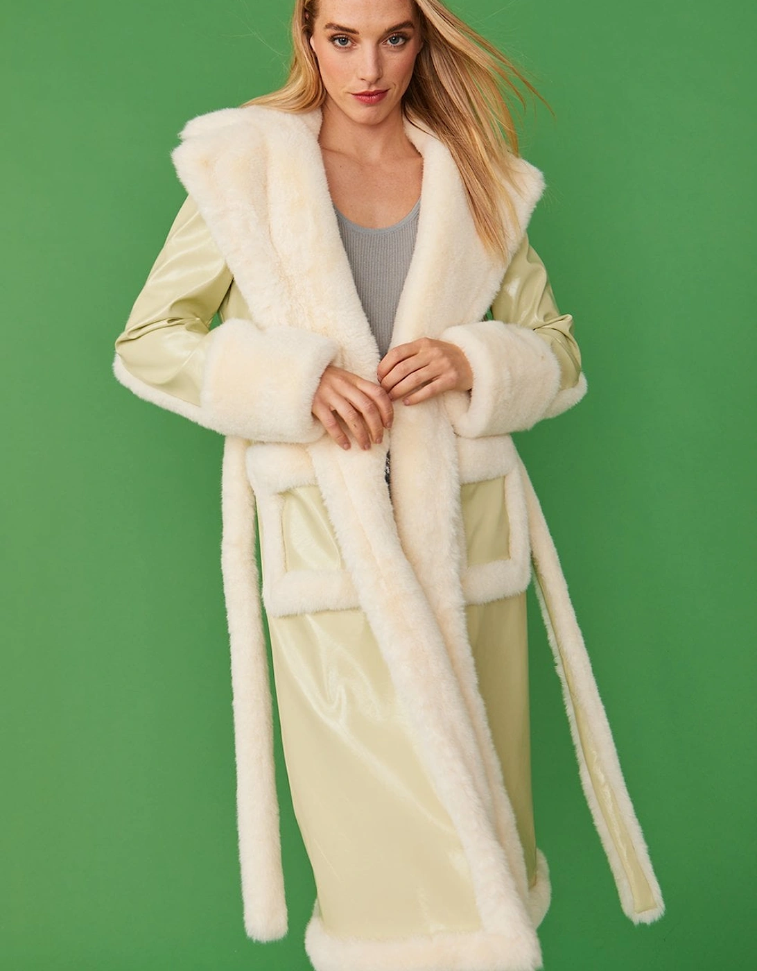 Apple Green Faux Fur and Faux Suede Trench Coat, 7 of 6