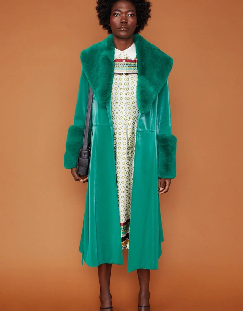 Green Trench Style Belted Coat with Faux Fur Cuffs and Collar