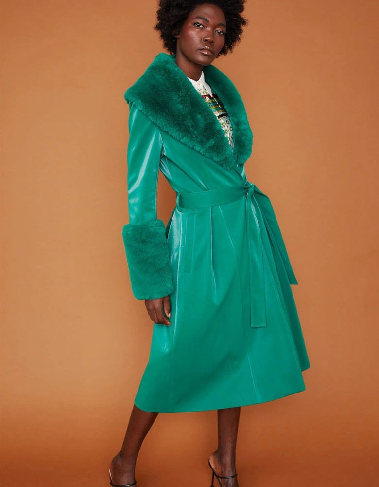 Green Trench Style Belted Coat with Faux Fur Cuffs and Collar