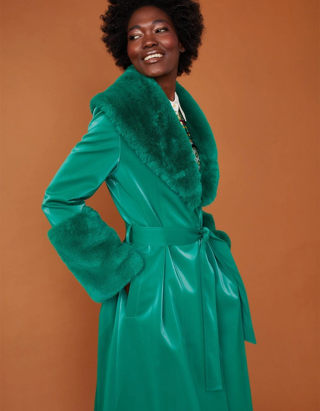 Green Trench Style Belted Coat with Faux Fur Cuffs and Collar