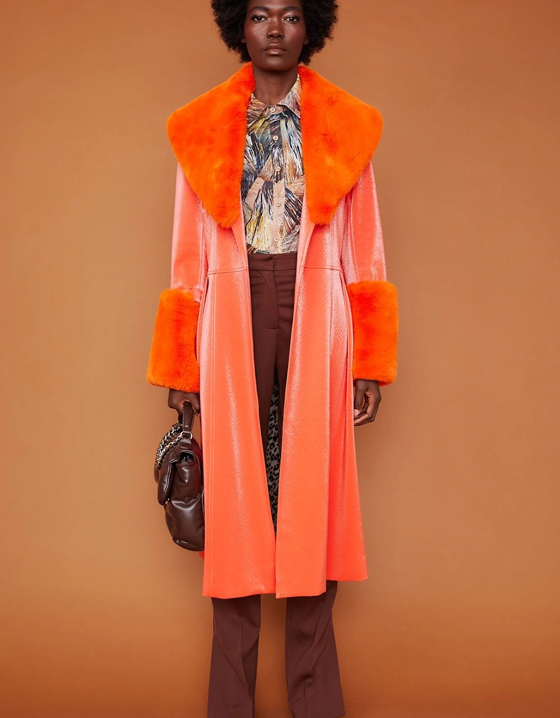 Orange Trench Style Belted Coat with Faux Fur Cuffs and Collar, 7 of 6