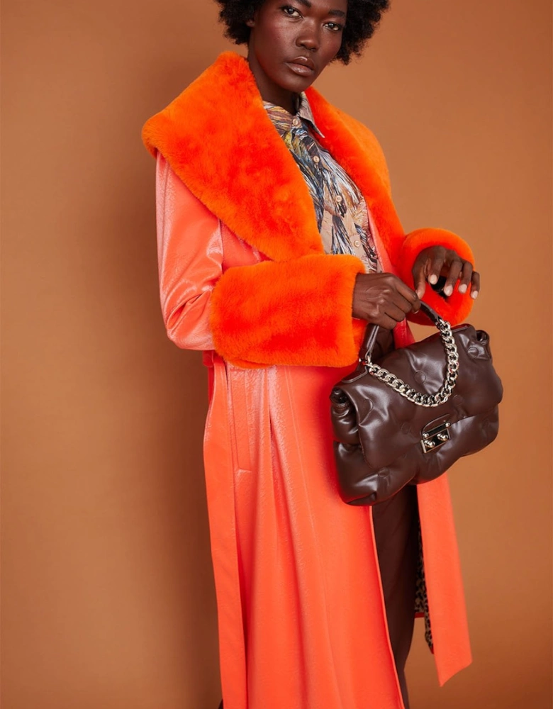 Orange Trench Style Belted Coat with Faux Fur Cuffs and Collar