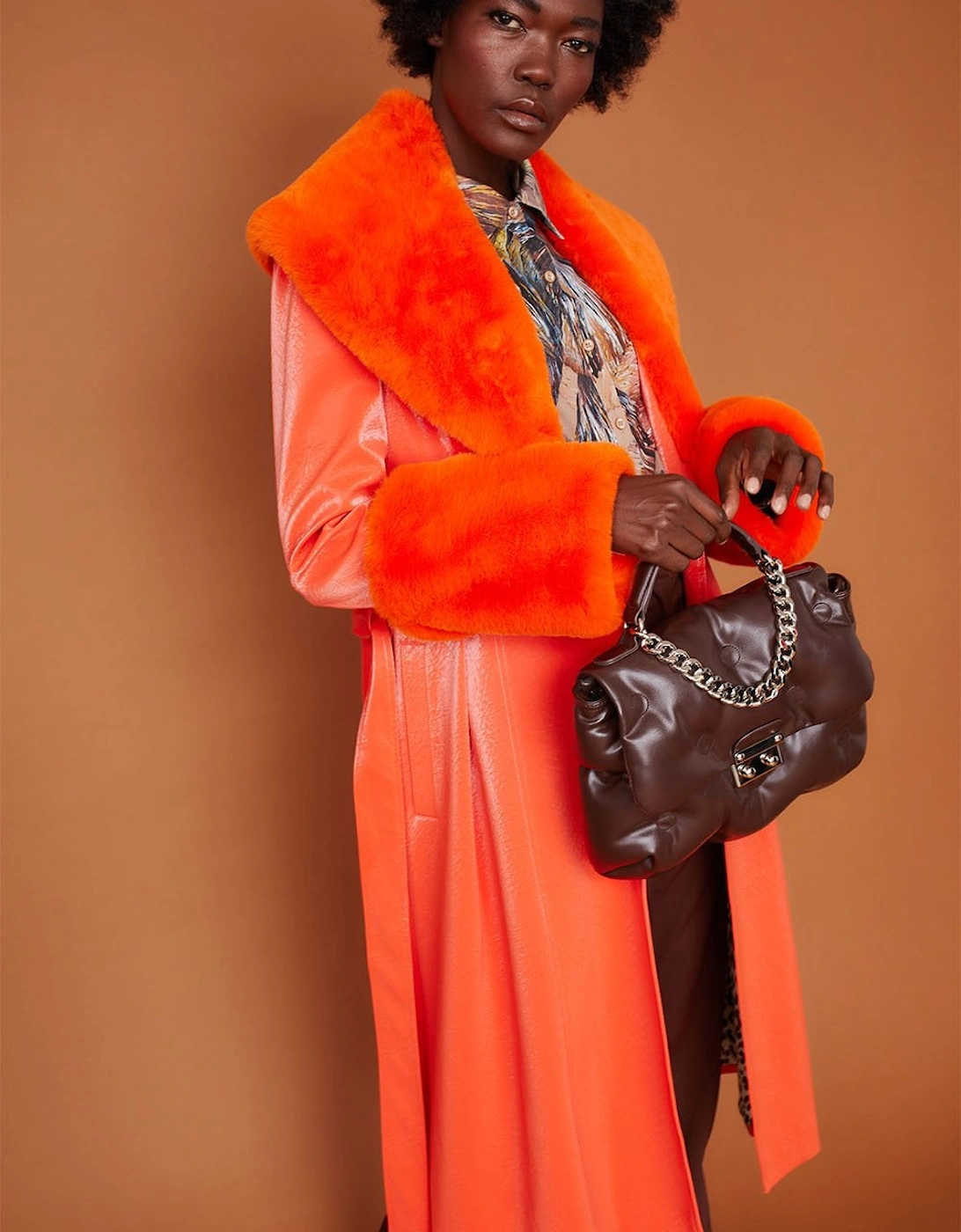 Orange Trench Style Belted Coat with Faux Fur Cuffs and Collar