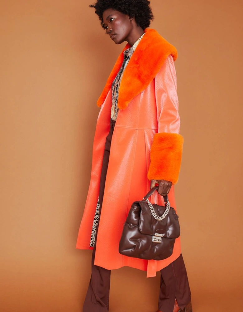 Orange Trench Style Belted Coat with Faux Fur Cuffs and Collar