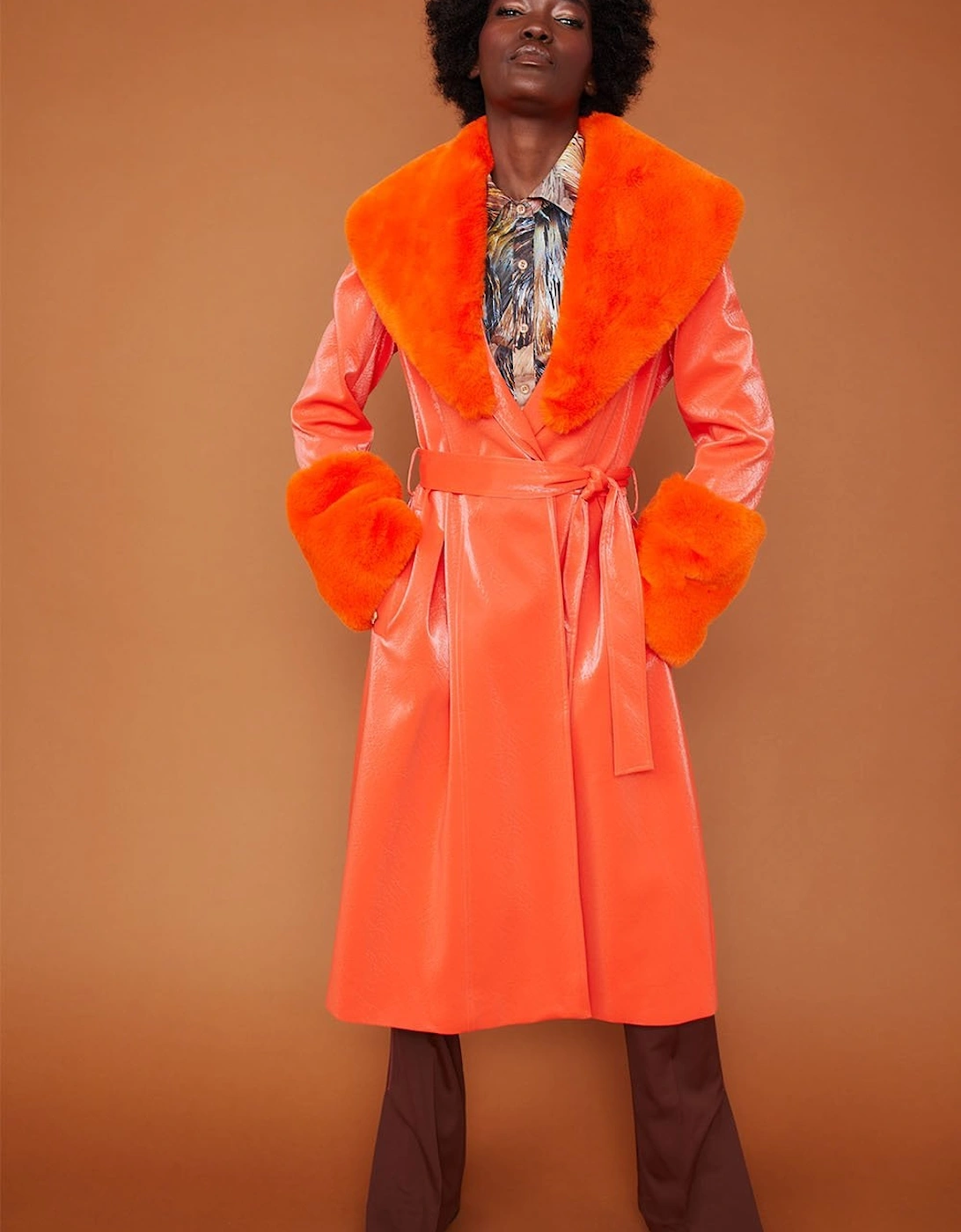 Orange Trench Style Belted Coat with Faux Fur Cuffs and Collar