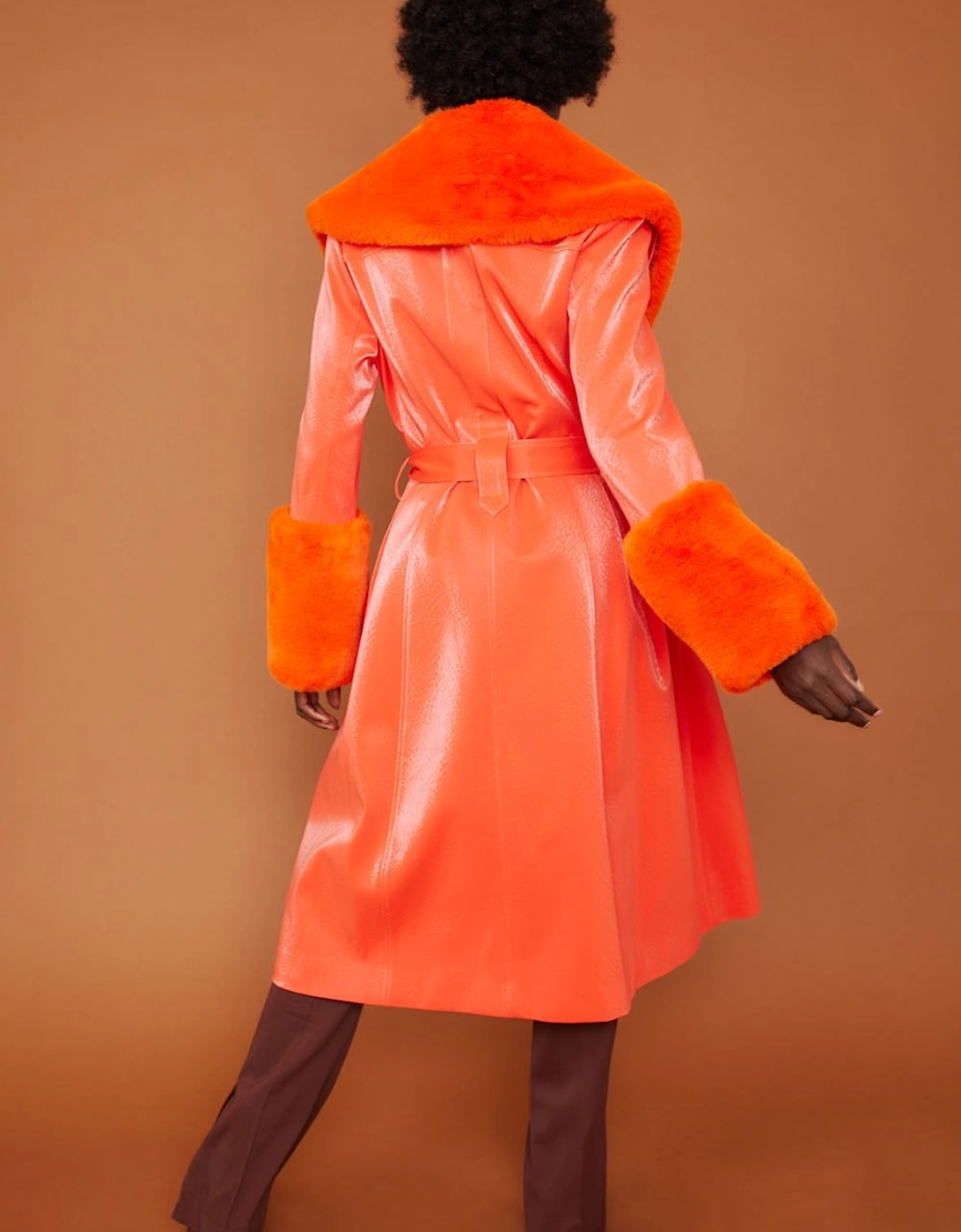 Orange Trench Style Belted Coat with Faux Fur Cuffs and Collar