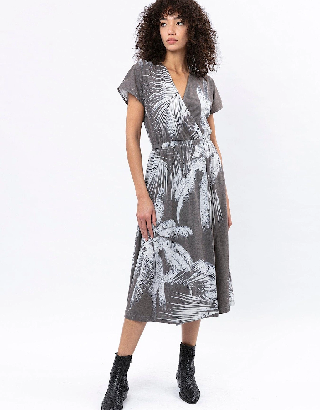 Short Sleeve Palm Print Wrap Midi Dress - Grey, 3 of 2