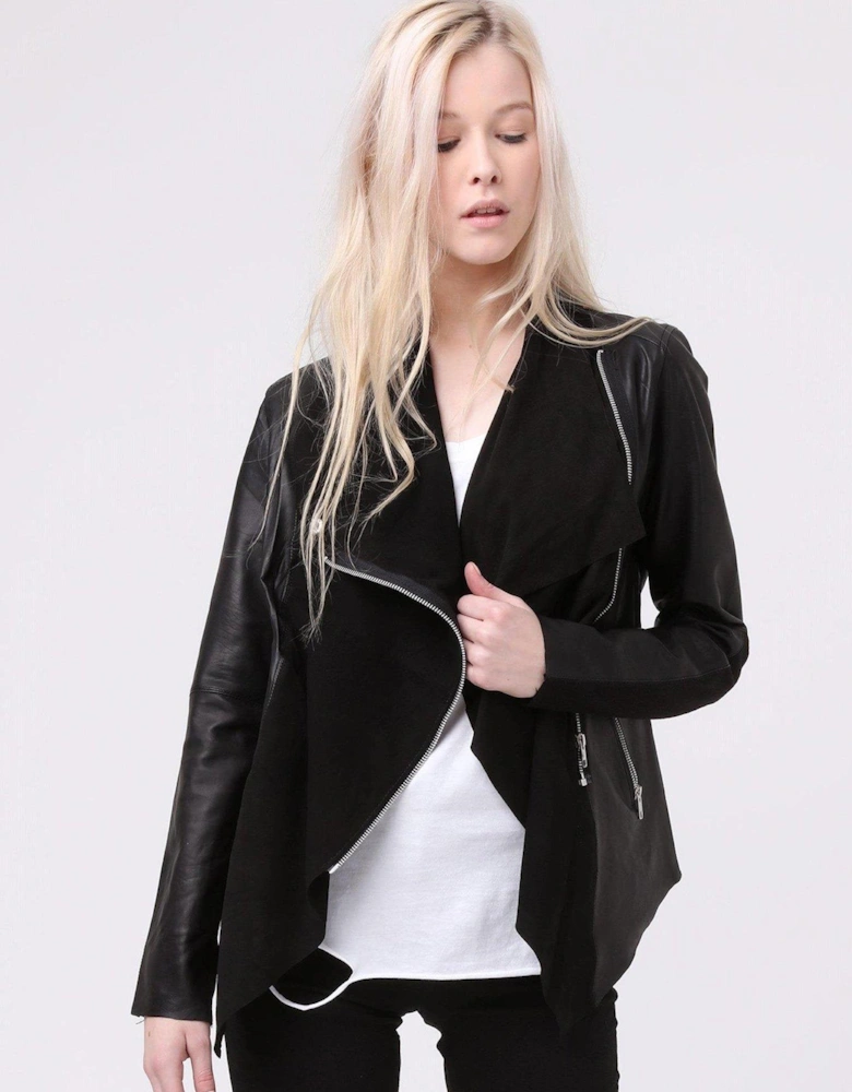 Waterfall leather and suede jacket -Black