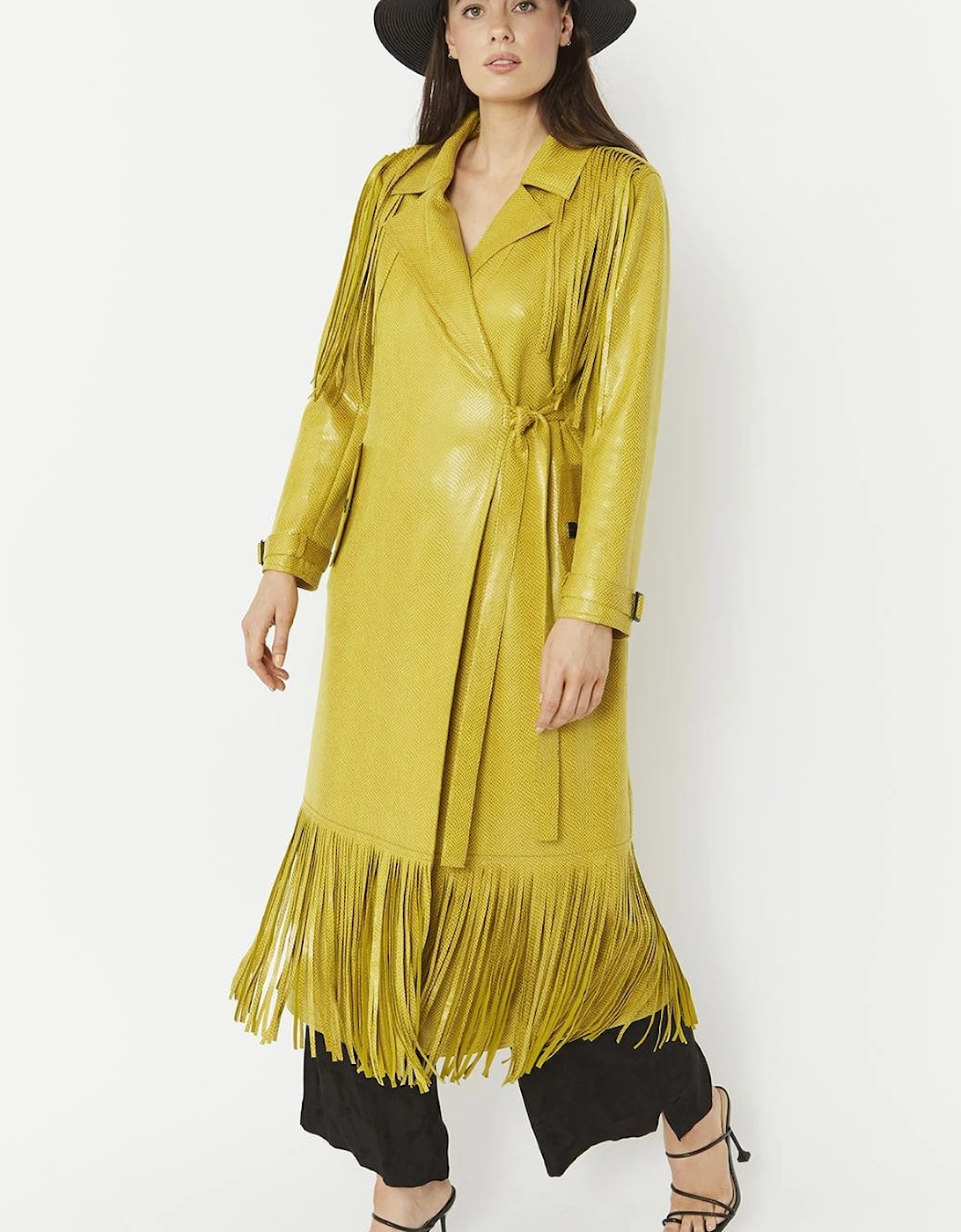 Yellow Faux Suede Tasseled Trench Coat
