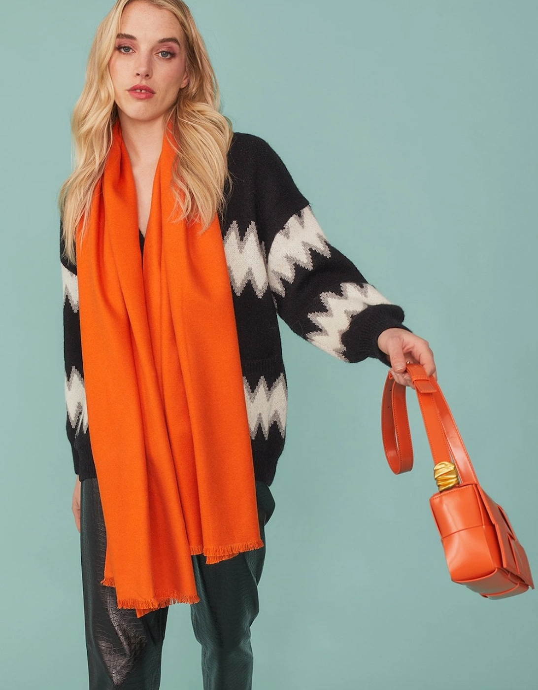 Cashmere Blend Wrap in Orange with Fringed hem and Logo, 4 of 3
