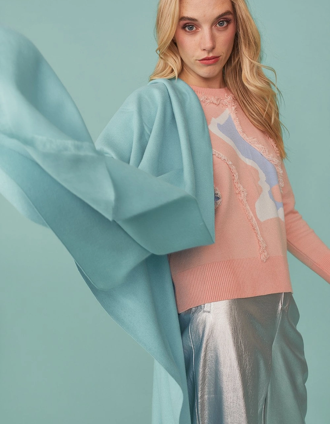 Cashmere Blend Wrap in baby blue with Fringed hem and Logo, 5 of 4