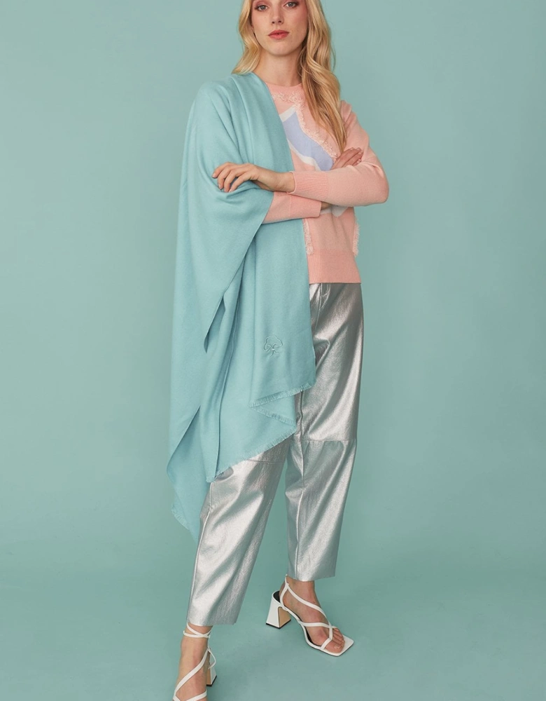 Cashmere Blend Wrap in baby blue with Fringed hem and Logo