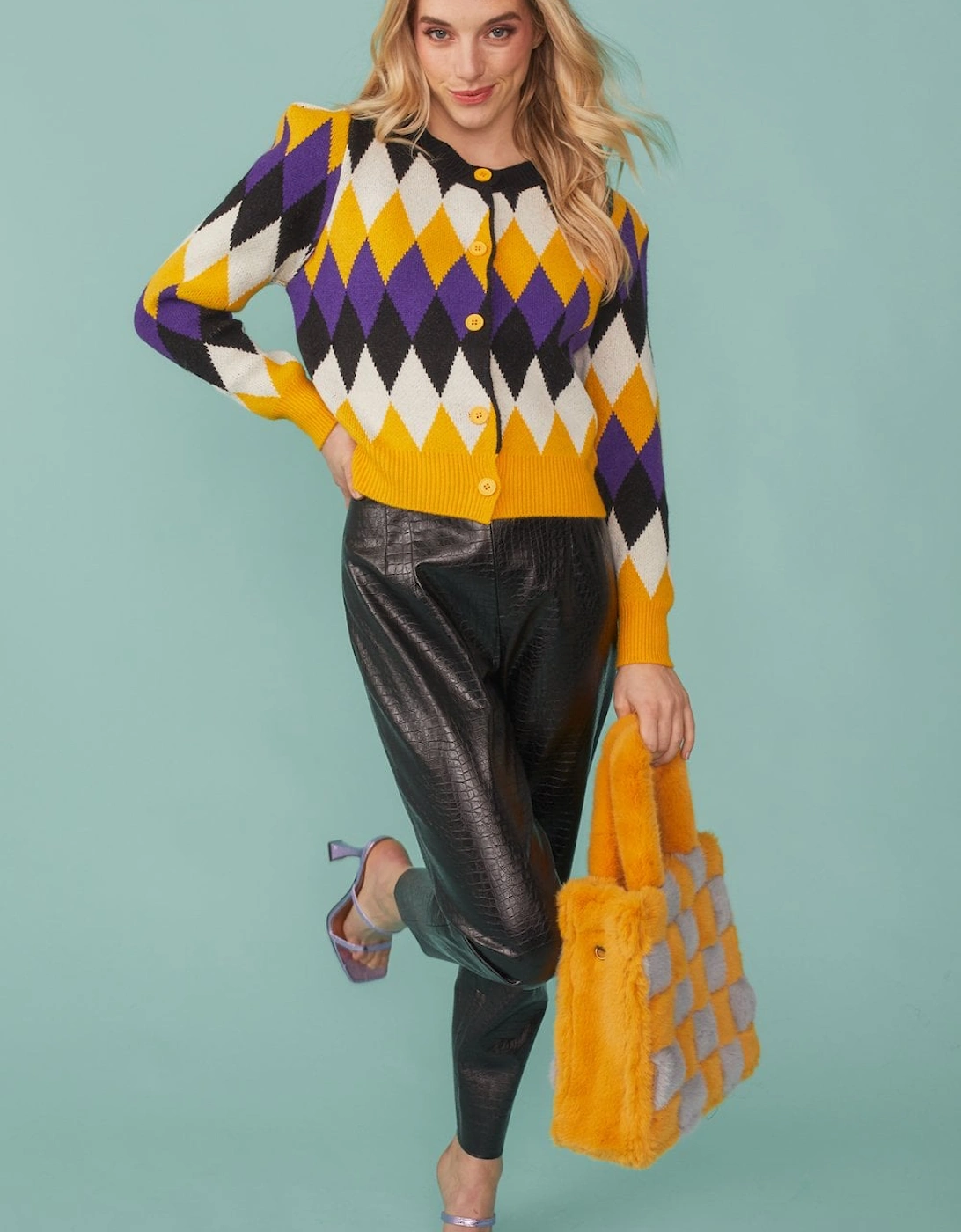 Diamond Design Cardigan in Purple and Yellow