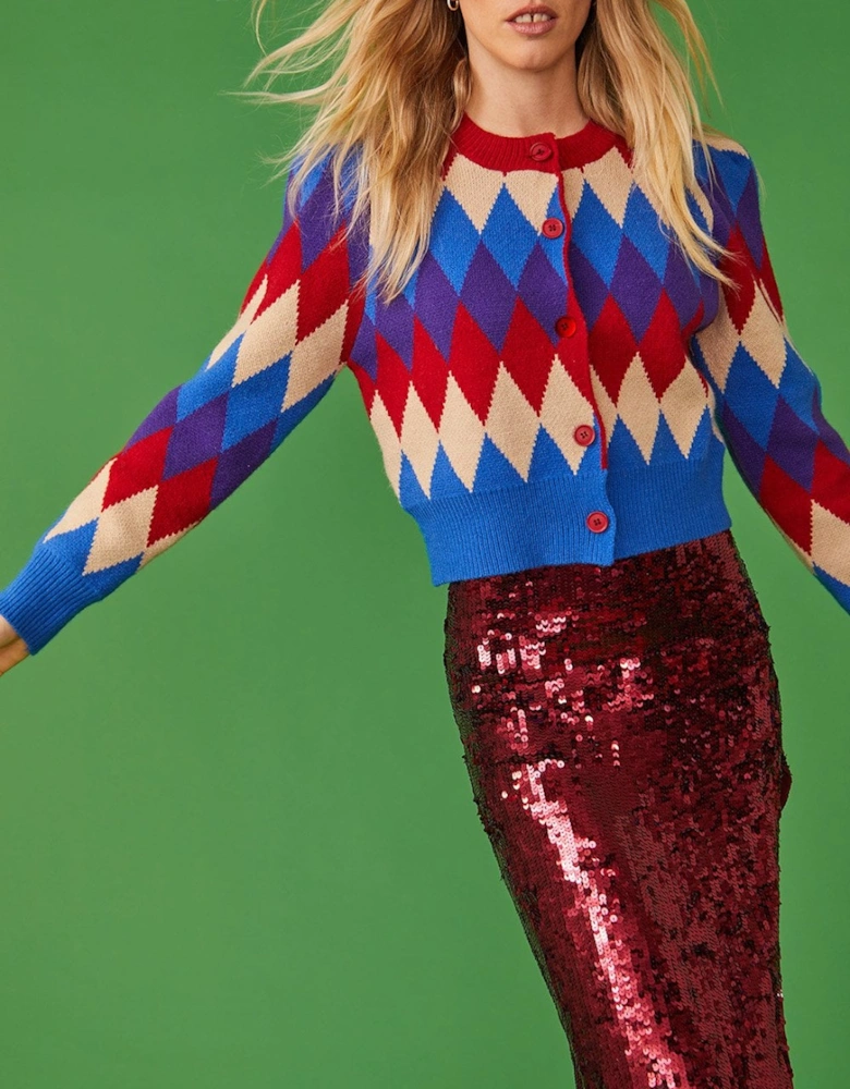 Banana Peel Diamond Design Cardigan in Red and Blue