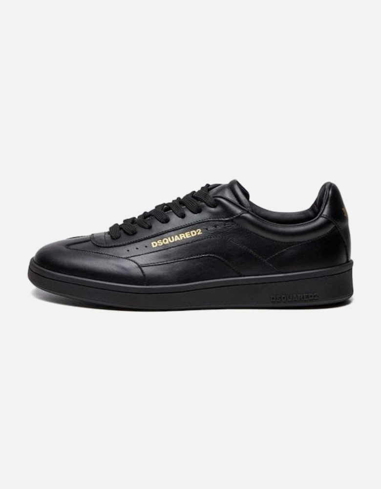 Full Black Leather Gold Logo Trainers