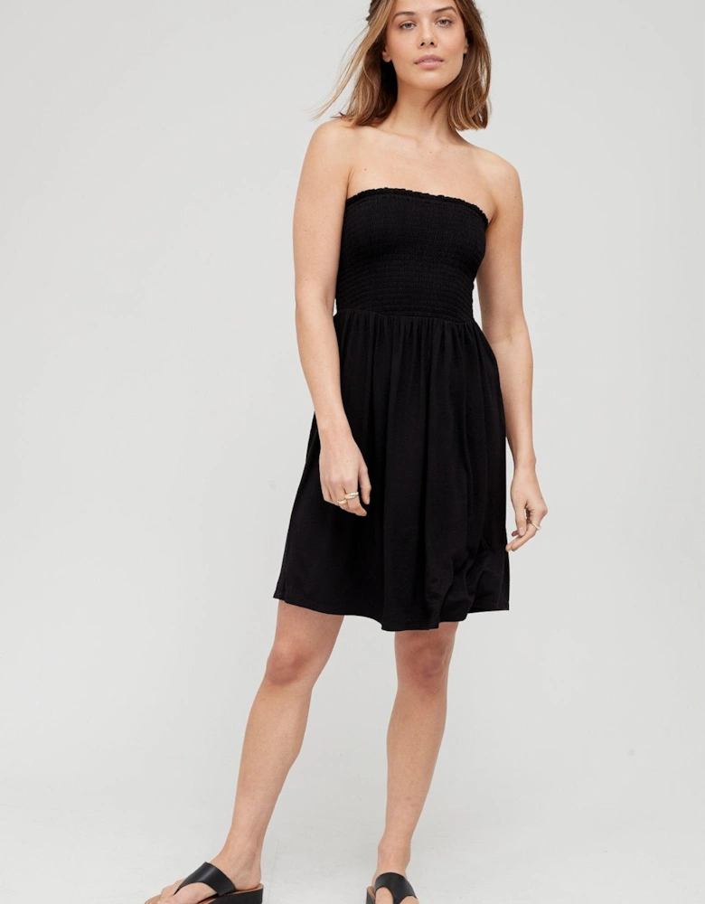 Shirred Bandeau Beach Mini Dress - Black