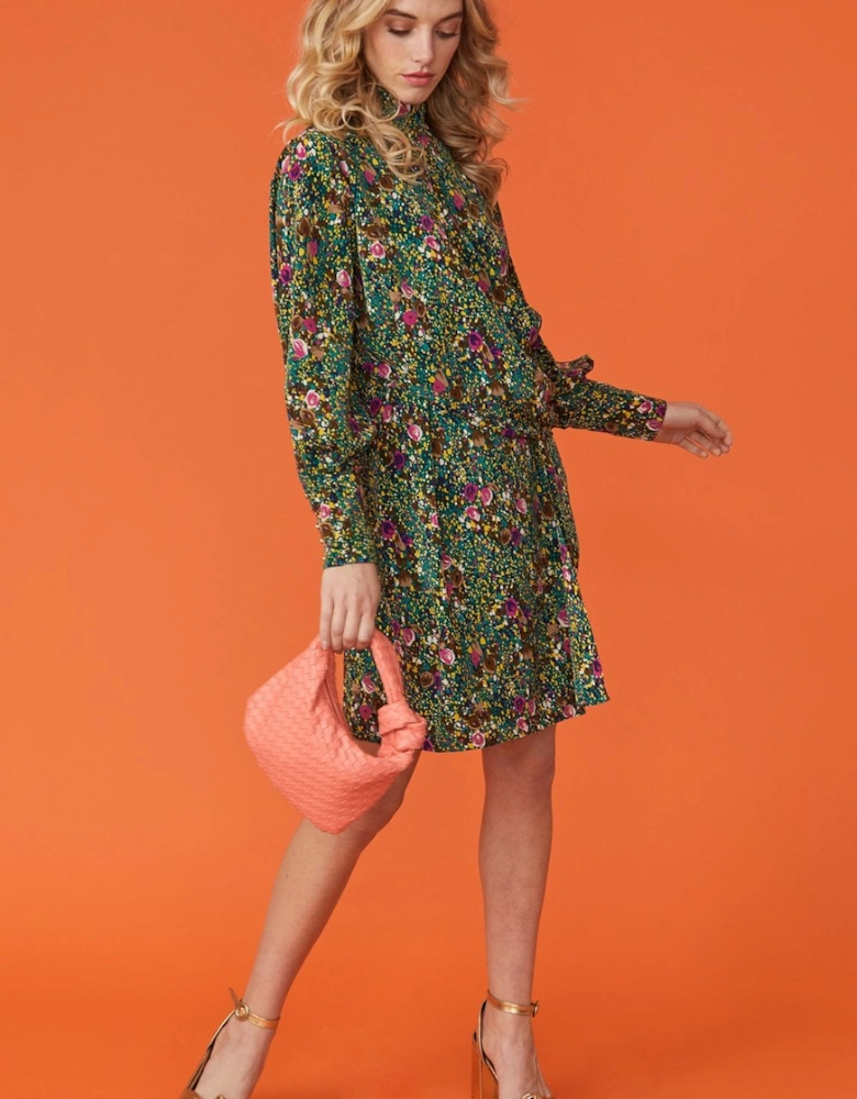 Green Floral High Neck Dress with Long Sleeves