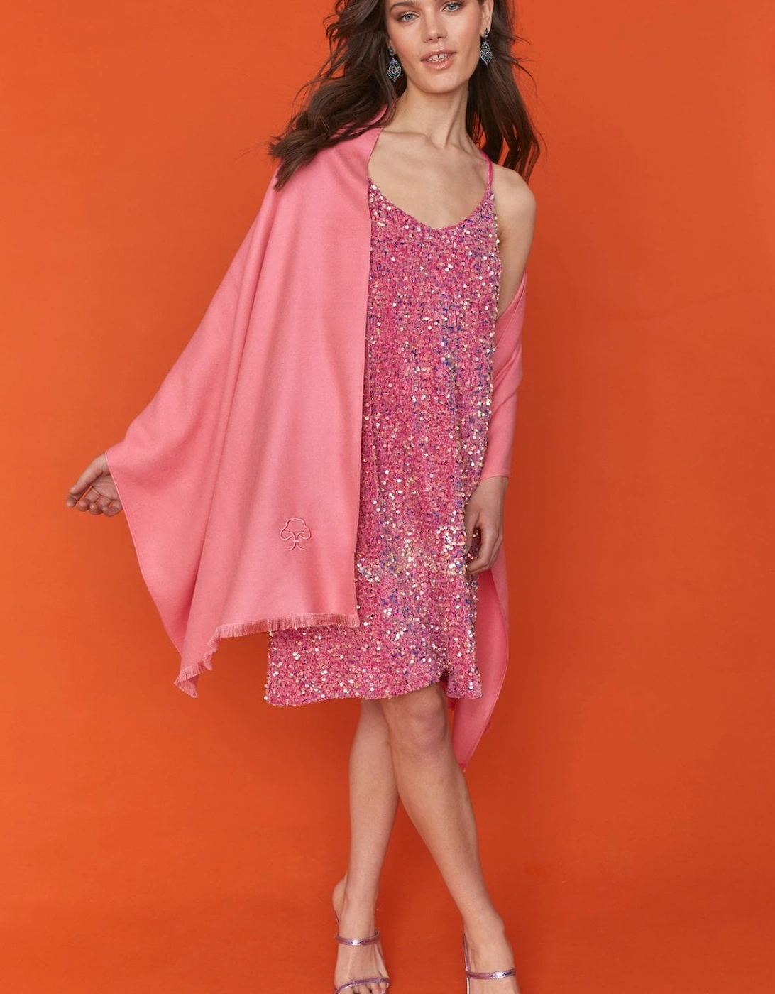 Cashmere Blend Wrap in Pink with Fringed hem and Logo, 4 of 3