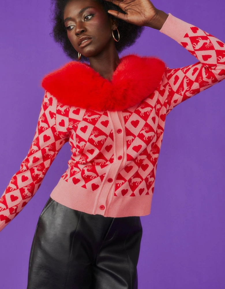 Pink and Red Heart Banana Peel Cardigan with Faux Fur Collar