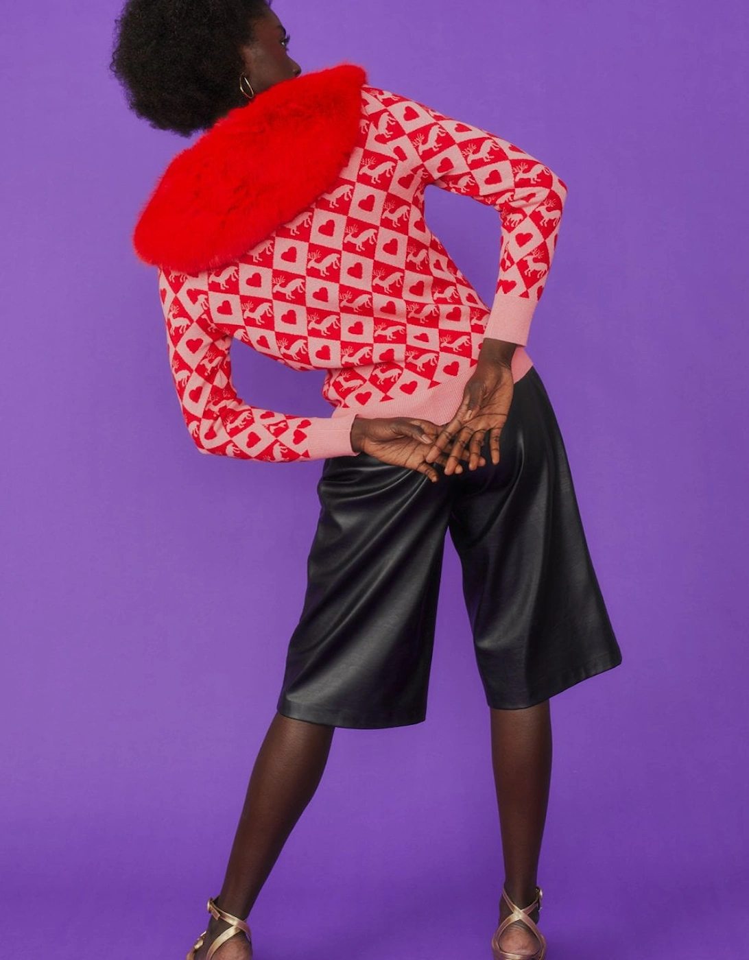 Pink and Red Heart Banana Peel Cardigan with Faux Fur Collar