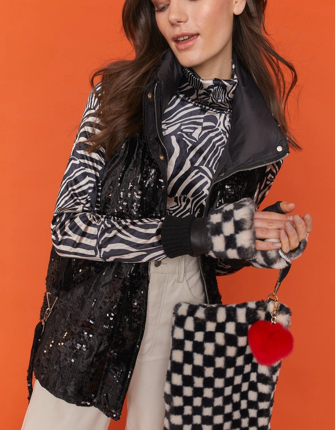 White and Black Checkered Luxury Faux Fur Bag