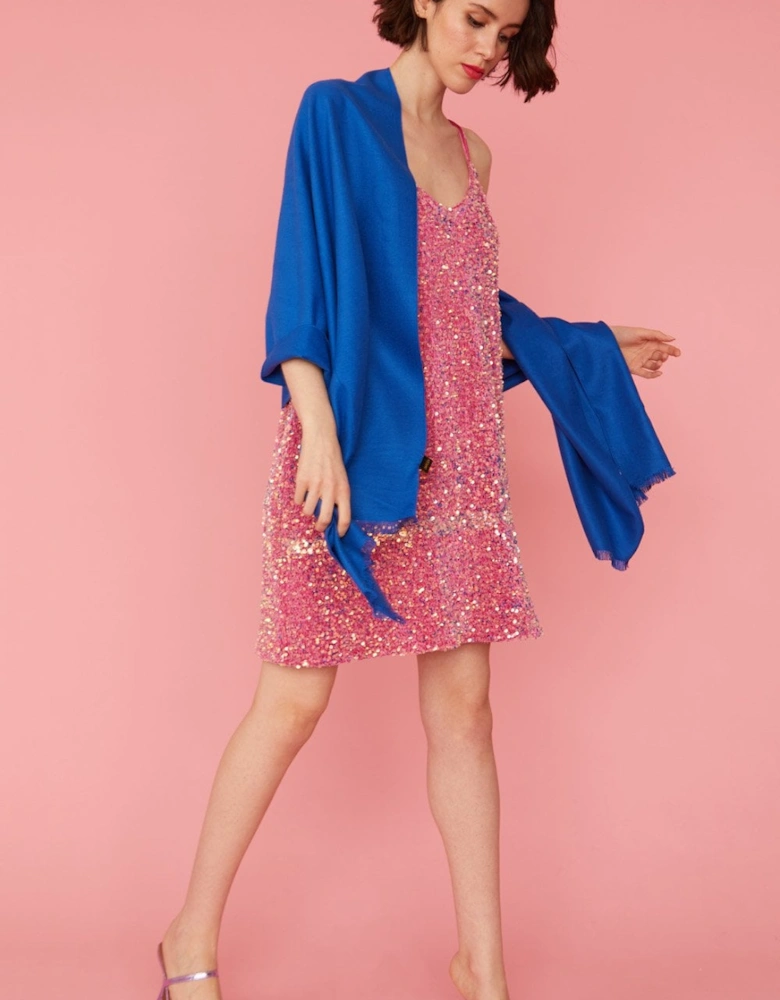 Cashmere Blend Wrap in blue with Fringed hem and Logo