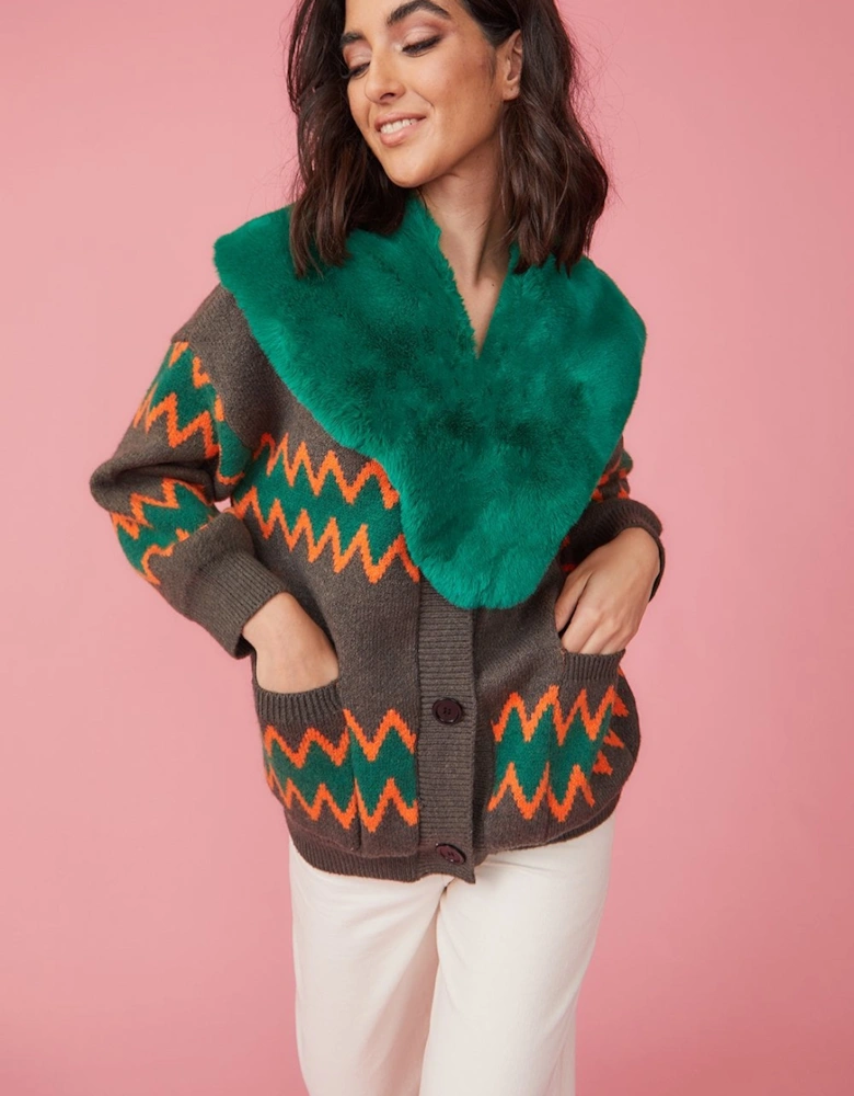 Green Banana Peel & Faux Fur Collar & Cardigan