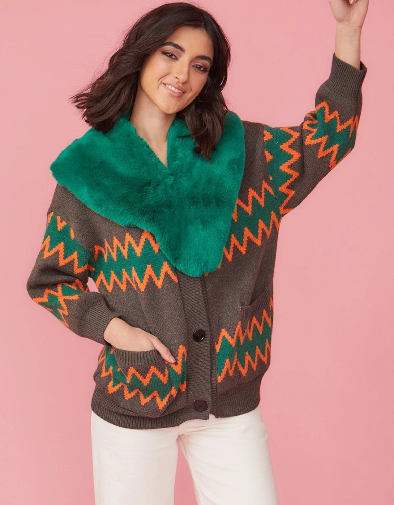 Green Banana Peel & Faux Fur Collar & Cardigan