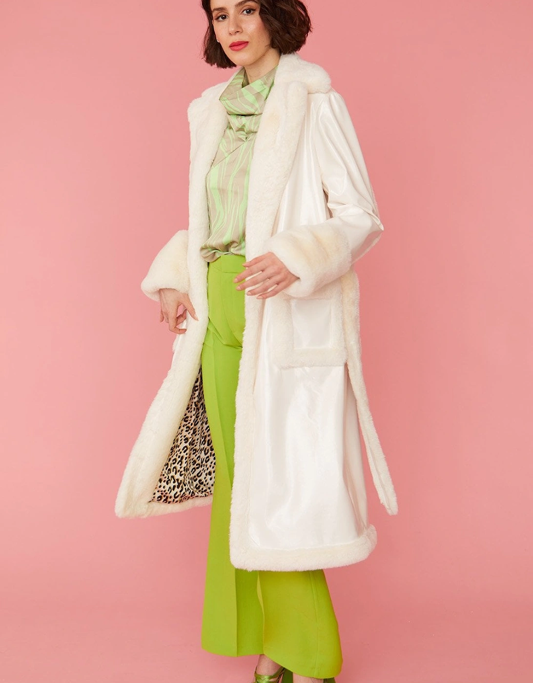 White Faux Fur and Faux Suede Trench Coat