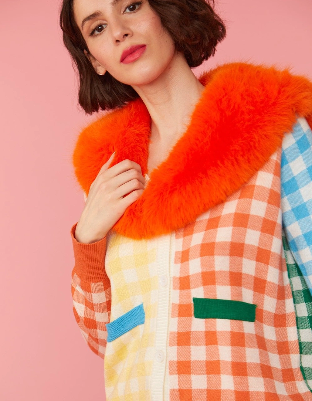 Cashmere Gingham Banana Peel Faux Fur Cardigan