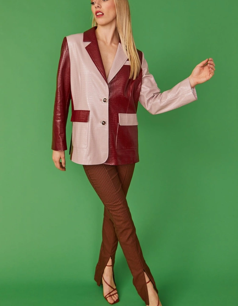 Baby Pink and Burgundy Leather Look Blazer