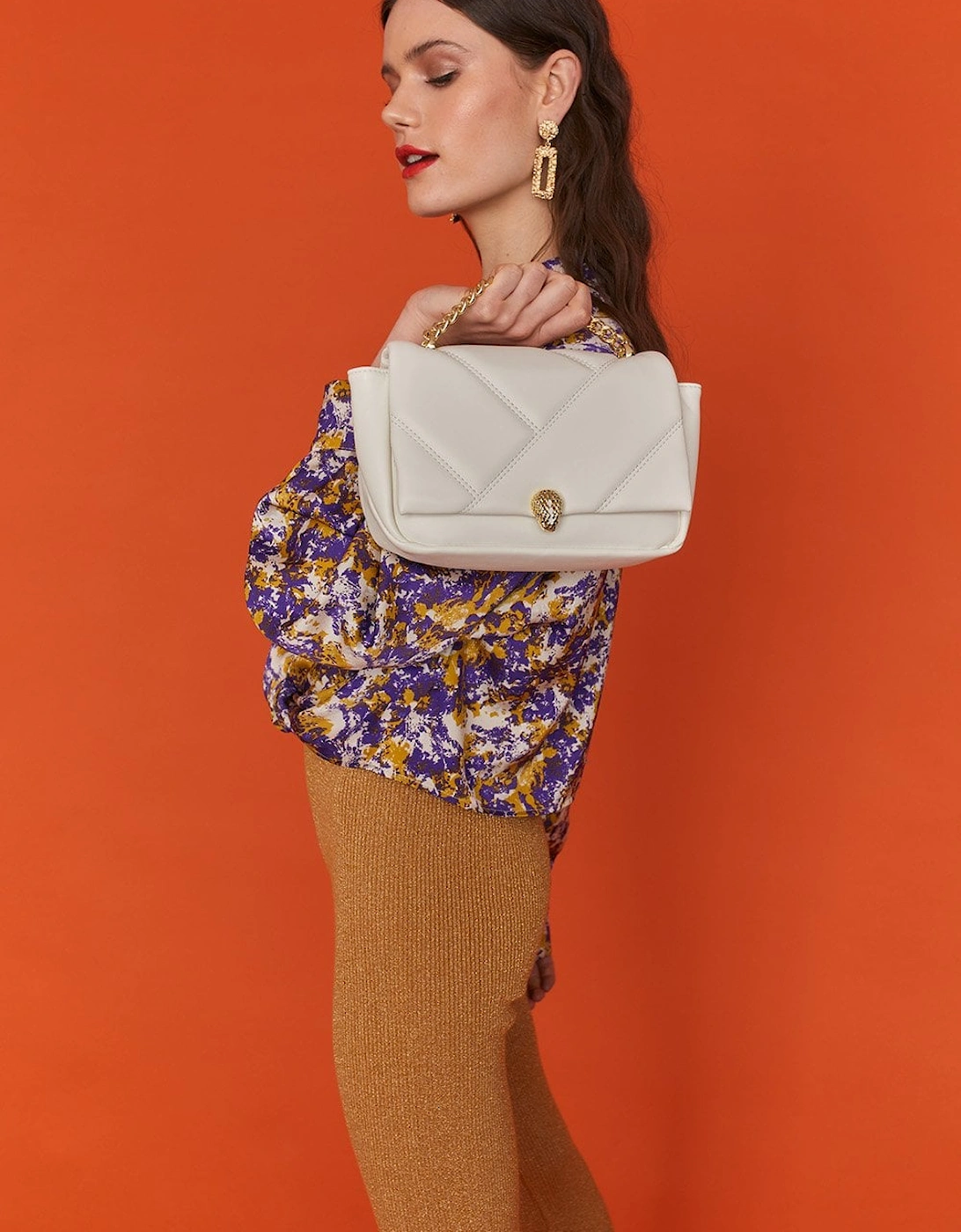 White Lulu Quilted Bag with Gold Chain and Snake Head Detail