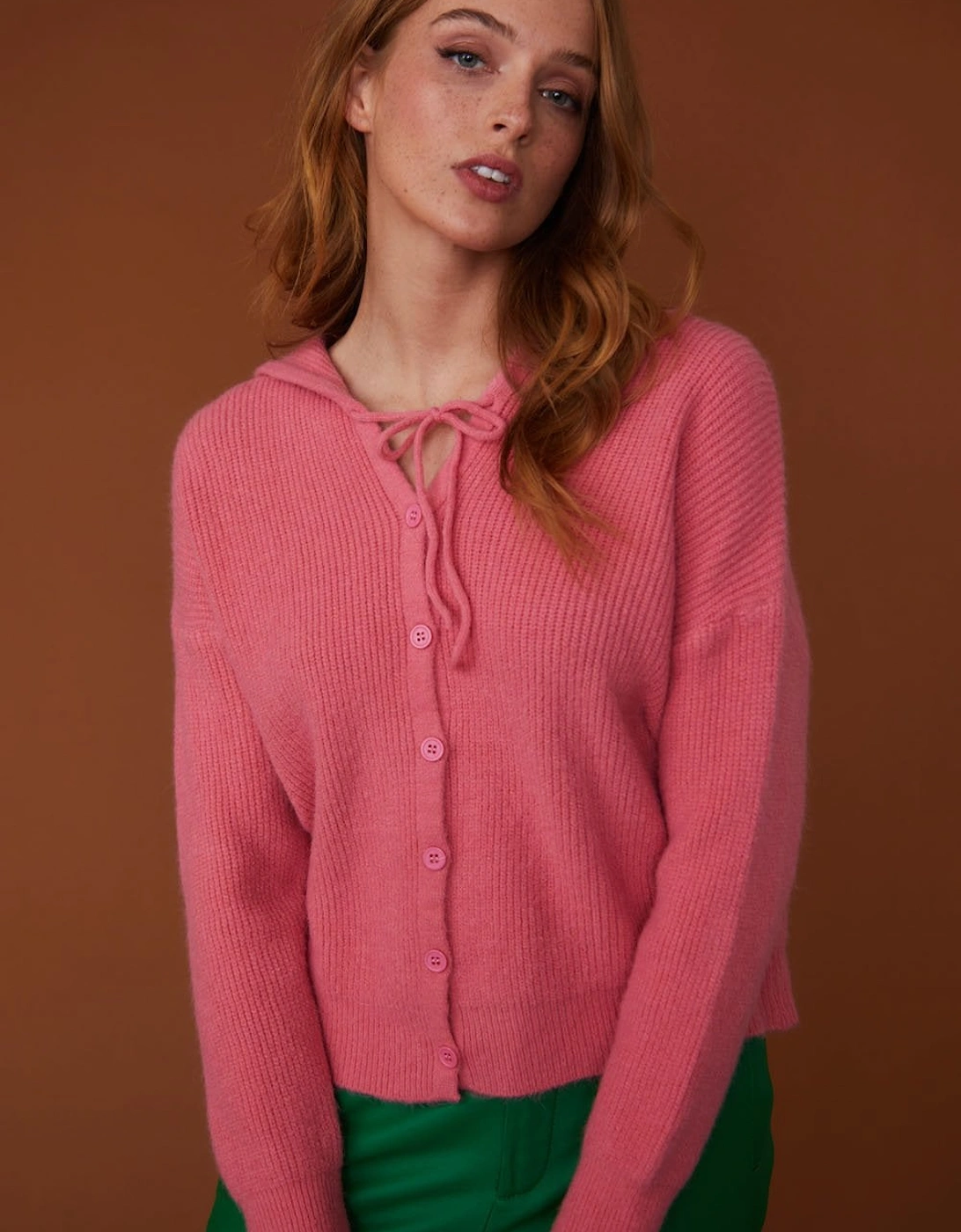 Knitted Banana Peel Zip Cardigan in Pink