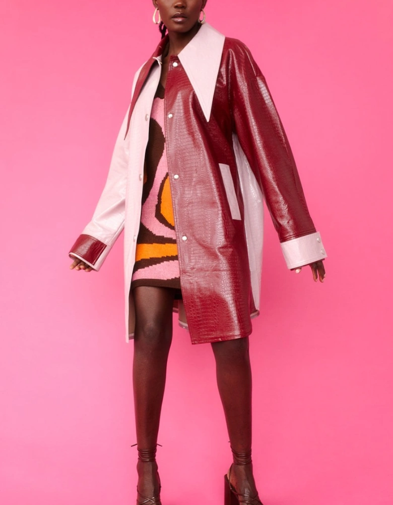 Baby Pink and Red Oversized Shacket with Exaggerated Collar