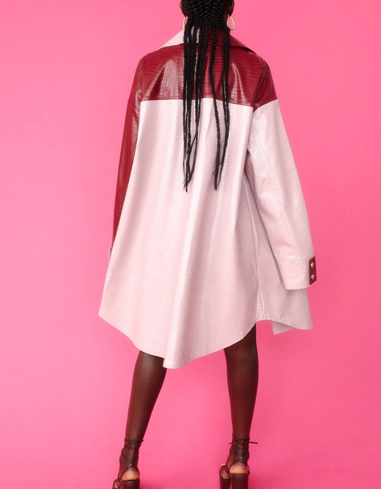 Baby Pink and Red Oversized Shacket with Exaggerated Collar