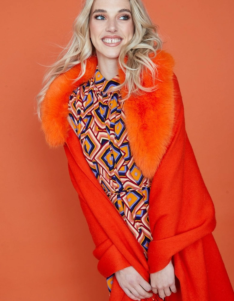 Orange Cashmere Wrap with Faux Fur Trim and Tassels