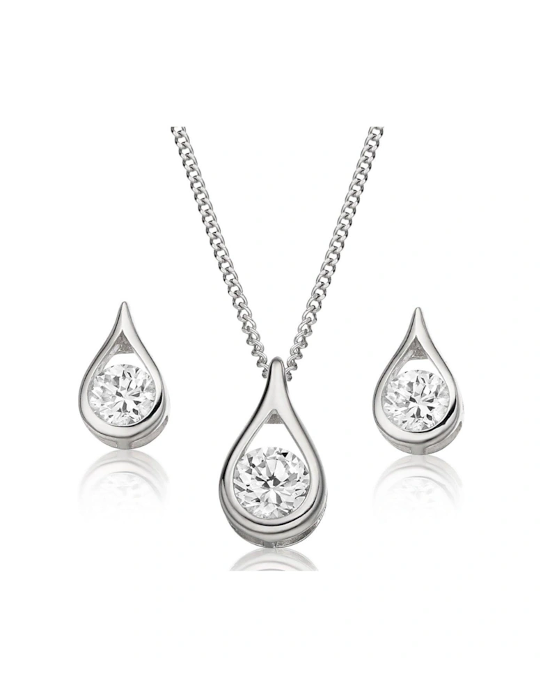 9ct White Gold CZ Pear Shaped Pendant and Earrings Set