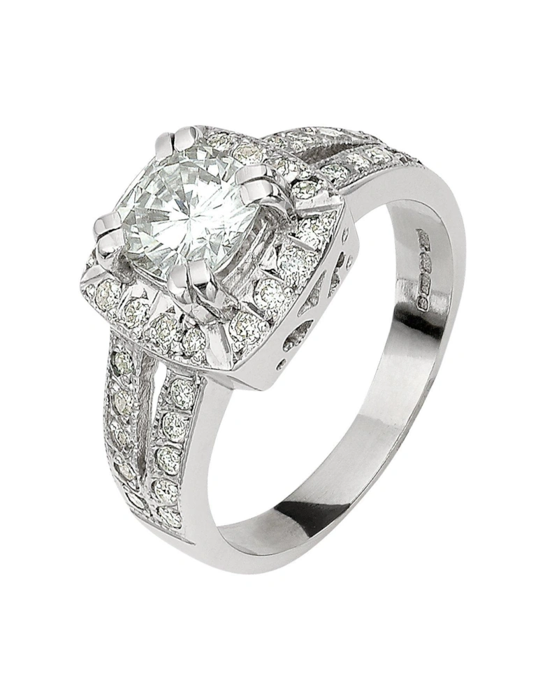 18 Carat White Gold 185 Points Cushion Set Ring With Stone Set Shoulders