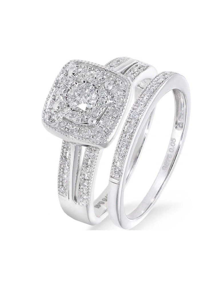 9ct White Gold 50 Point Diamond Square Set Split Shoulder Bridal Set Of Two Rings
