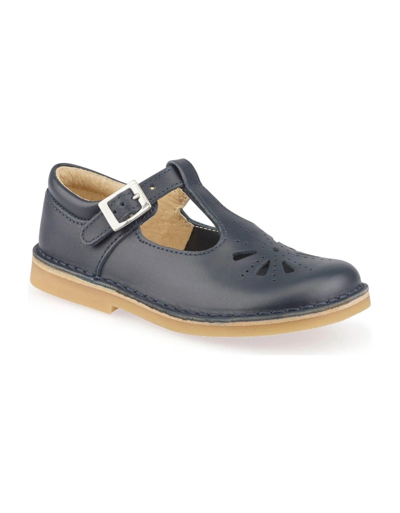 Lottie Leather Classic T-Bar Buckle Girls Shoes - Navy Blue 