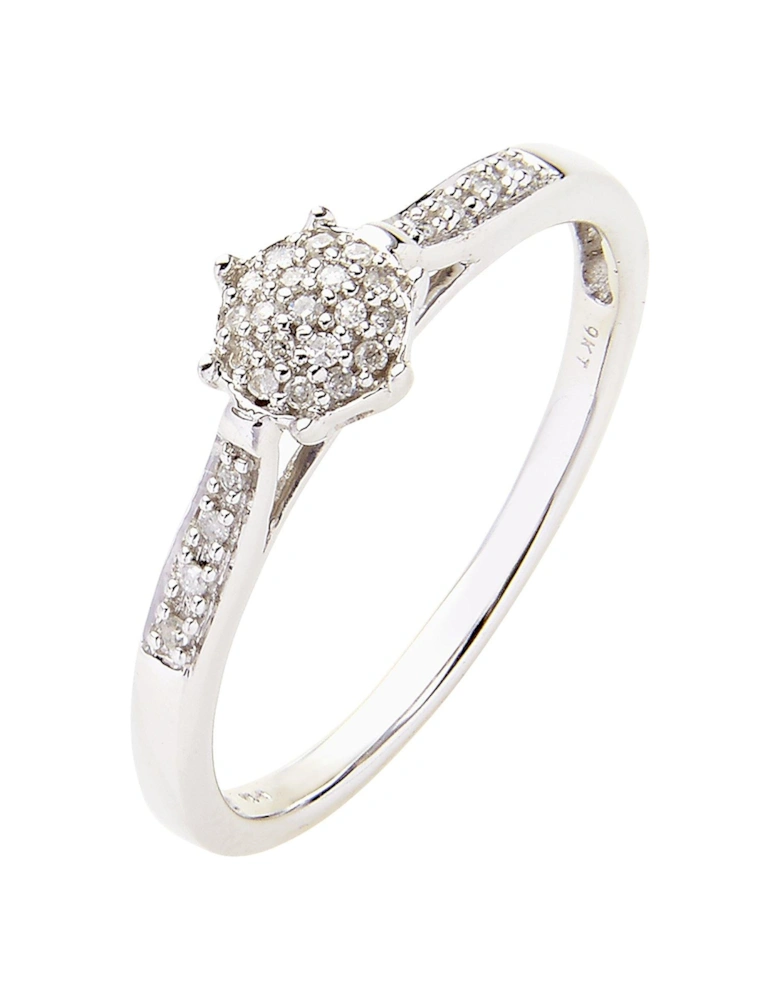 9 Carat White Gold 10 Point Diamond Cluster Ring With Diamond Set Shoulders