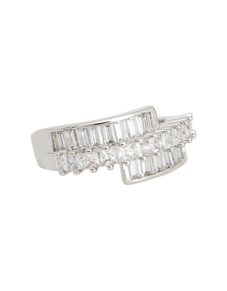 RHODIUM PLATE CUBIC ZIRCONIA BAGUETTE AND PAVE RING 16MM